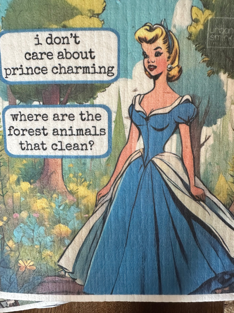 swedish dishcloth with saying"i dont care about prince charming. where are the forest animals that clean?